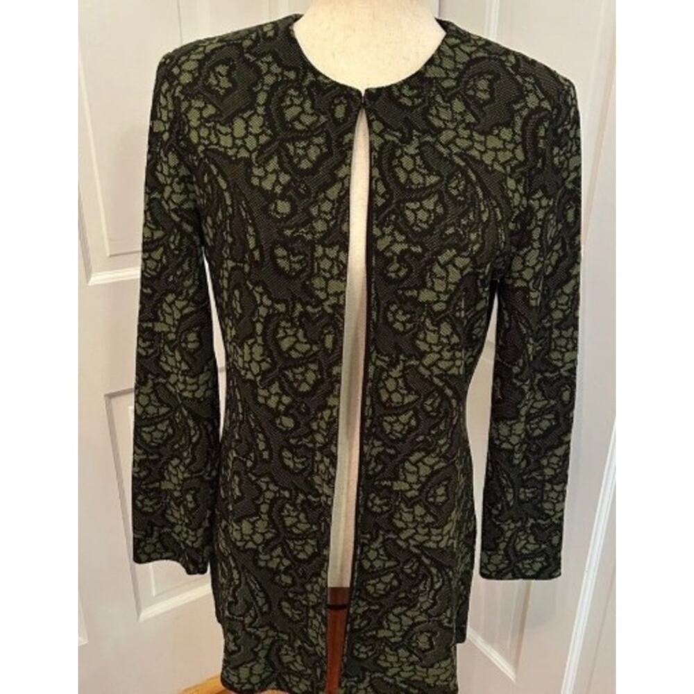 MISOOK Heritage Fit Floral Jacquard Knit Open Jacket Black Green 3/4 Sleeve 1X - Picture 2 of 10